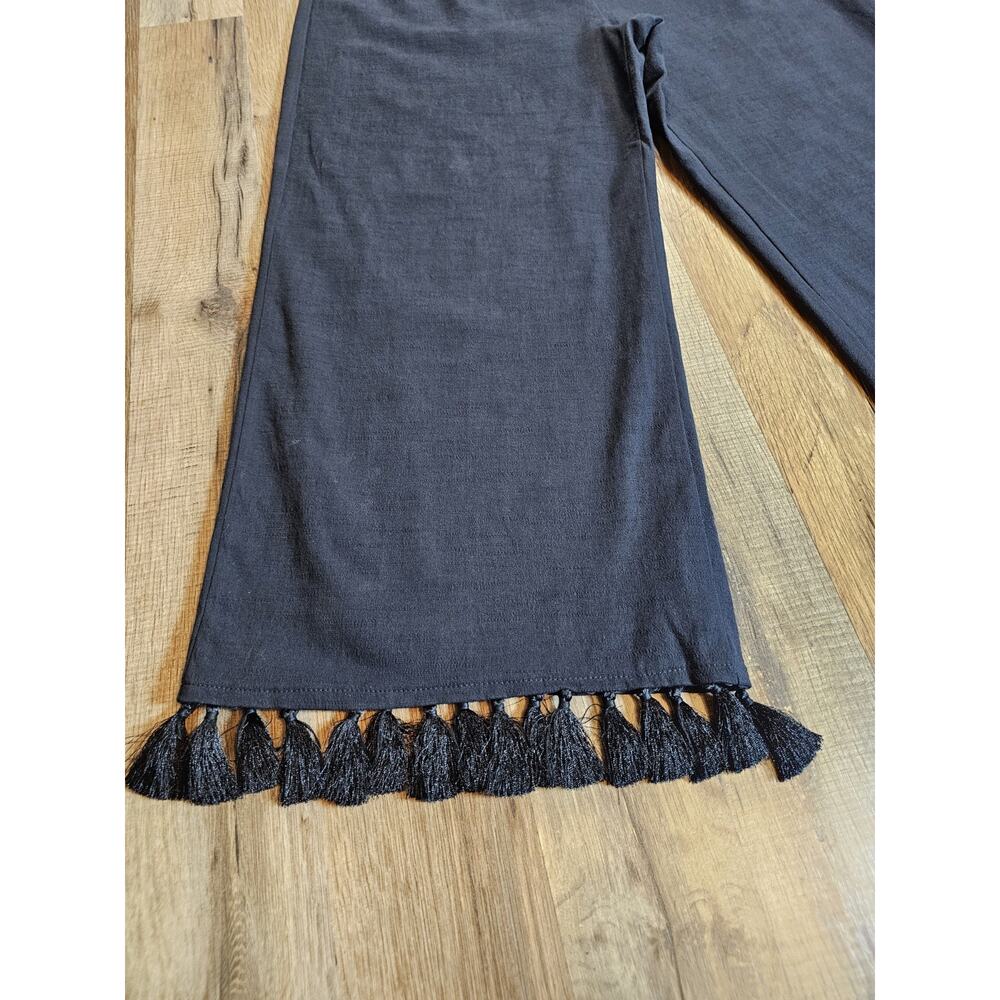Sugar + Lips Tassel Trim Wide Leg Linen Pants Women's Size M Black Linen Blend - Picture 7 of 8